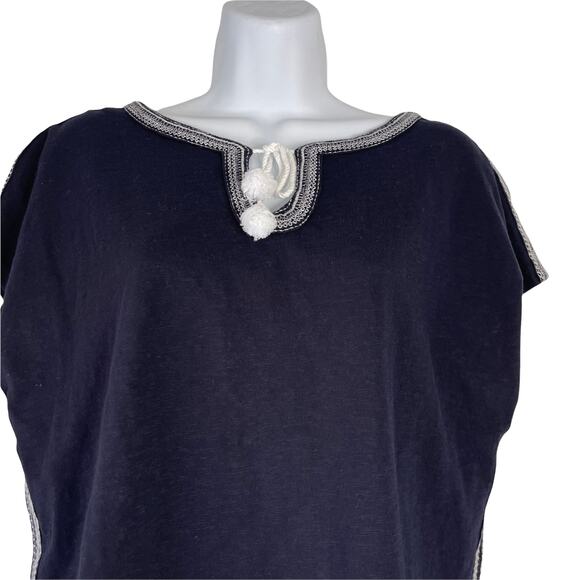 Talbots Women's Size Petite Large Embroidered Navy White Boat Neck Top - Picture 2 of 8
